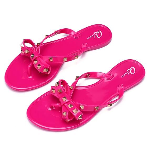 Qilunn Women Studded Bow Flip Flops Jelly Thong Sandals Rubber Flat Summer Beach Rain Shoes | Amazon (US)