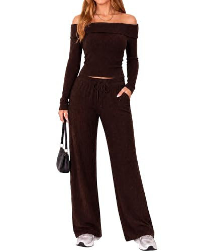Womens 2 Piece Lounge Sets Matching Going Out Fall Outfits (Dark Brown, L) | Amazon (US)