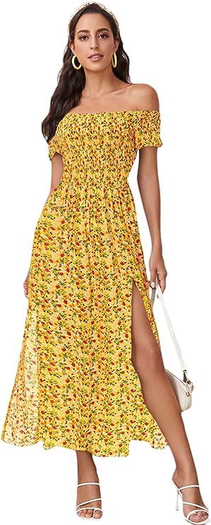 Floerns Women's Boho Floral Print Off Shoulder Split Long A Line Dress | Amazon (US)