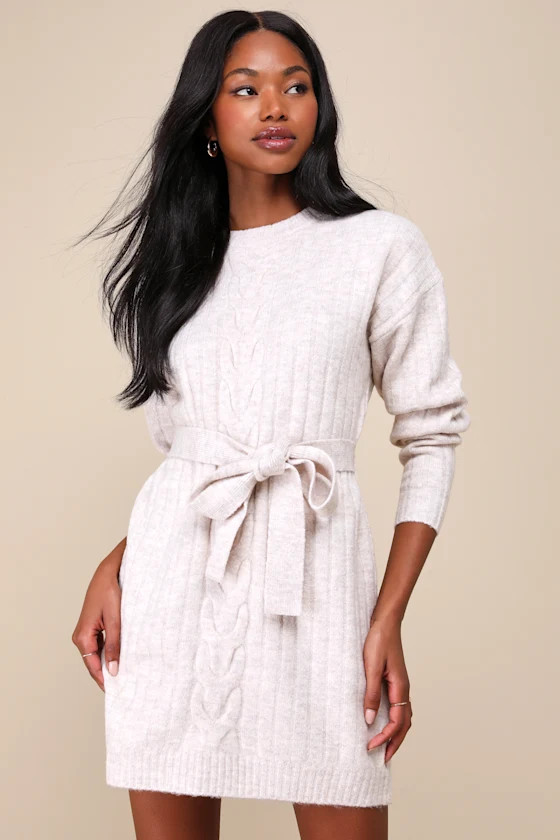Wishing on Winter Cream Cable Knit Mini Sweater Dress | Lulus