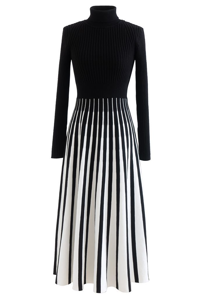 Stripe Print Turtleneck Knit Midi Dress | Chicwish