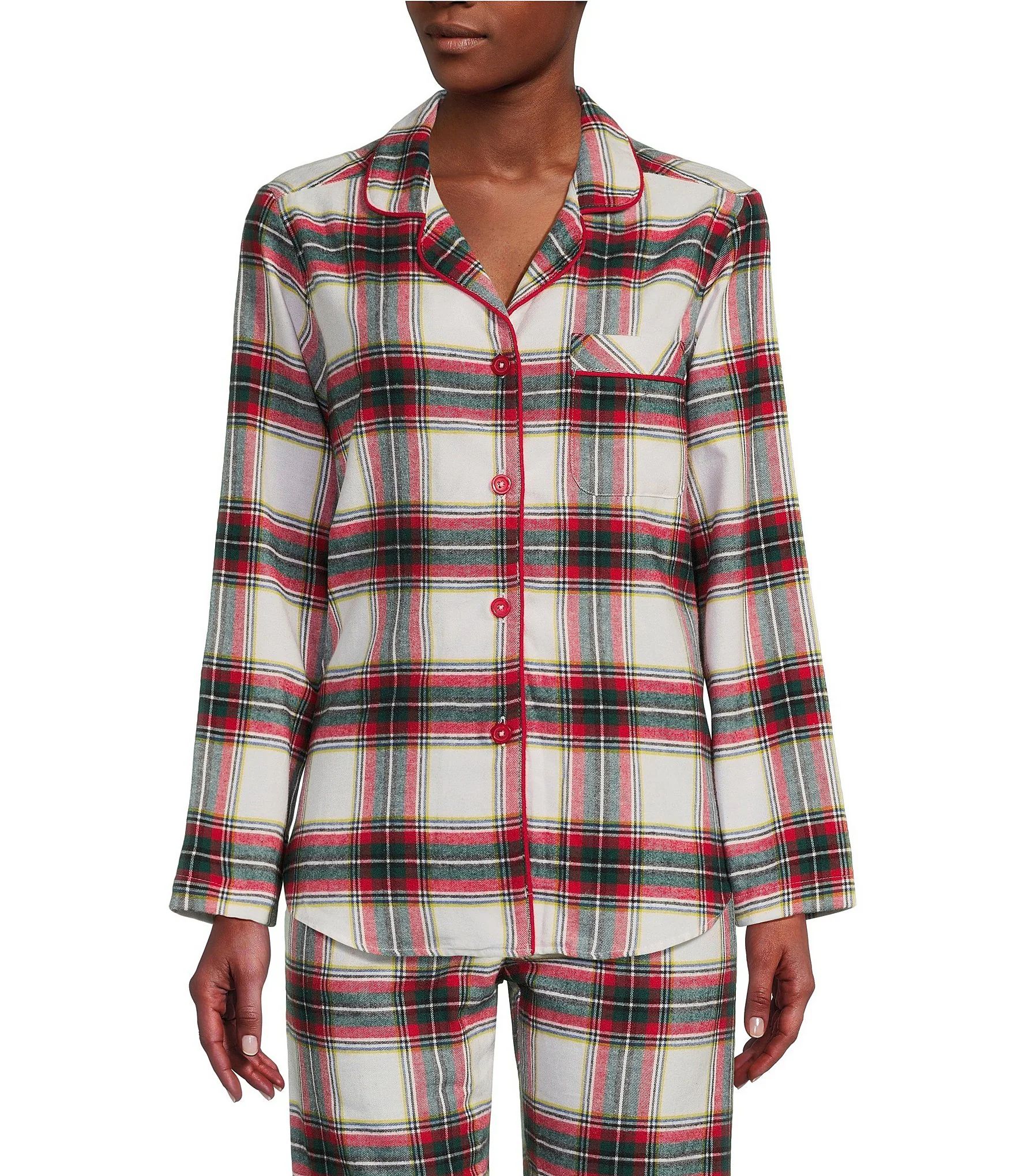 Flannel Plaid Long Sleeve Notch Collar Coordinating Button Front Sleep Shirt | Dillard's
