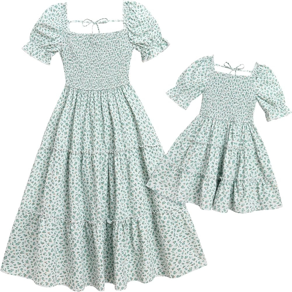 AWIBMK Mommy and Me Dress Summer Casual Floral Print Flutter Sleeve Ruffle Flowy Beach Hawaiian V... | Amazon (US)