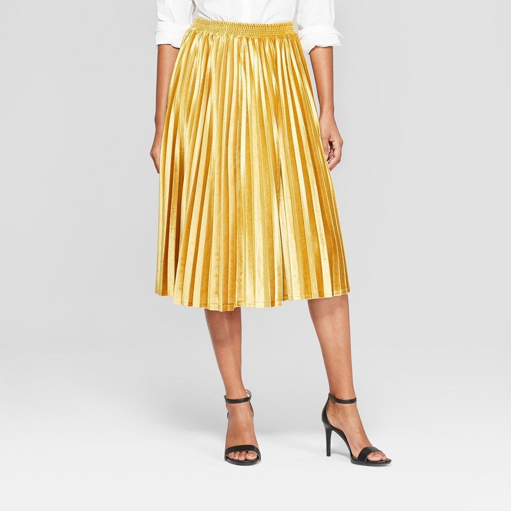 Women's Velvet Pleated Midi Skirt - A New Day Gold XL, Size: XL | Target