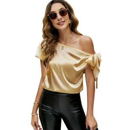 VIDUSSA Women s Off Shoulder Silk Satin Tops Short Sleeve Bow Tie Casual Dressy Blouse Shirts Gold XL | Walmart (US)