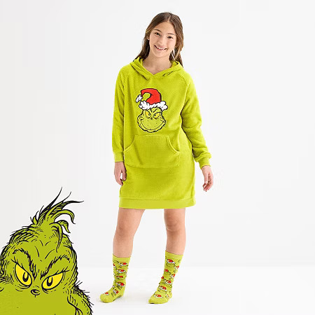 Little & Big Kid Girls Dr. Seuss Grinch Fleece Hooded Long Sleeve Matching Family Nightgown, 10, Green | JCPenney