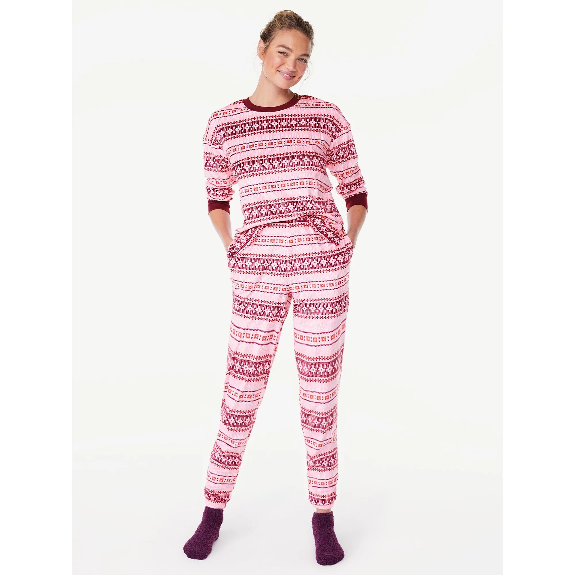 Joyspun Women's Stretch Velour Top and Pants Pajama Set with Socks, 3-Piece, Sizes S to 3X | Walmart (US)