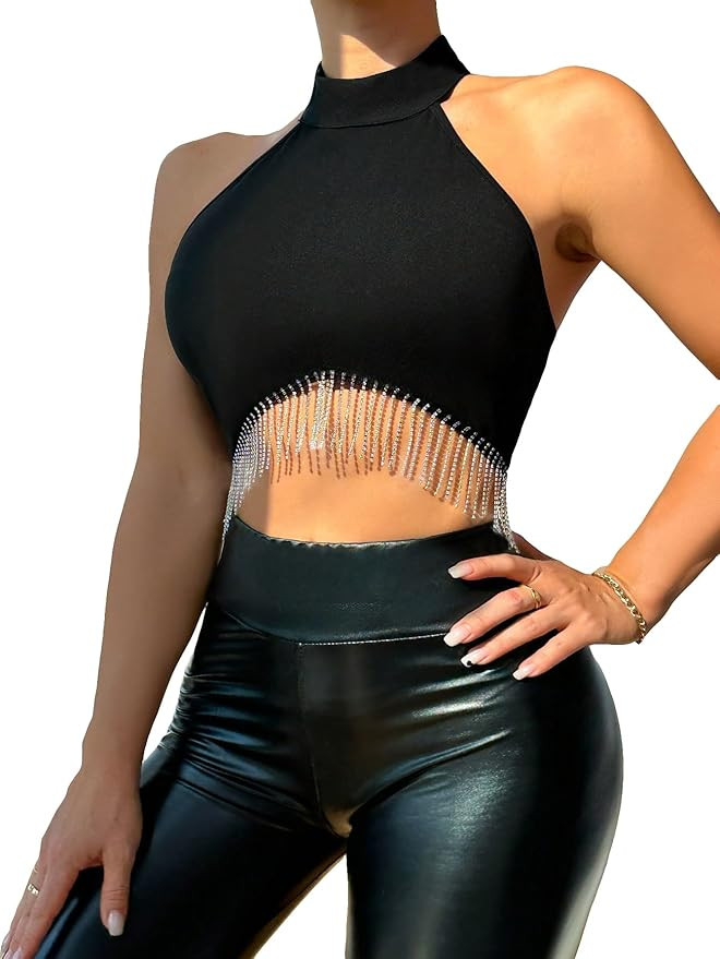 WDIRARA Women's Rhinestone Fringe Trim Crop Halter Top Stretch Sleeveless Asymmetrical Hem Casual... | Amazon (US)