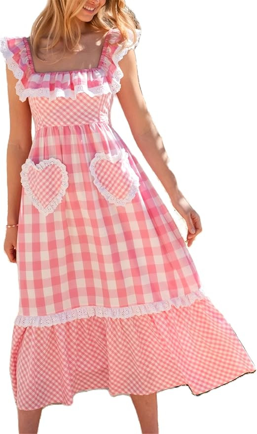 Women Sleeveless Plaid Print Maxi Dress Ruffled A-Line Party Dresses Vintage Summer Sundresses Be... | Amazon (US)