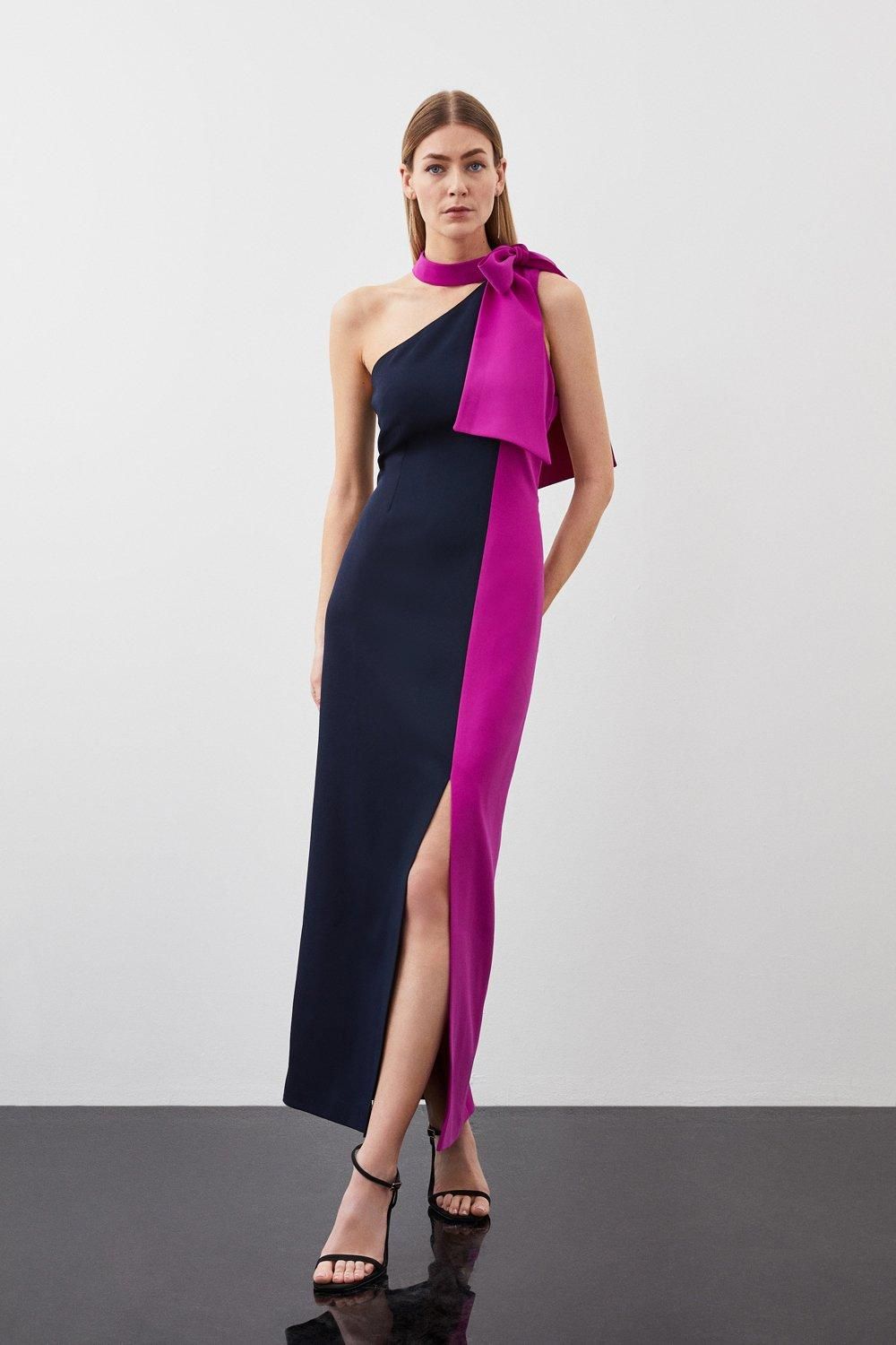 Soft Tailored Color Block Tie Neck Midi Dress | Karen Millen US