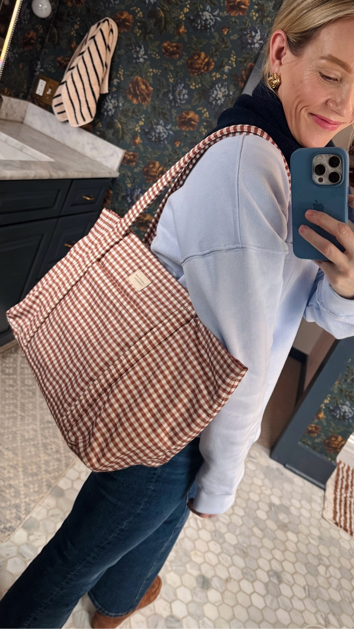 For my exact sweatshirt see the outfits page on clairelately.com 

New Loeffler Randall Dina tote in everyday size, also linked my travel size with a suitcase sleeve. Boden shoes are true to size but run slightly large. Wearing my regular size in madewell jeans but are a closer fit so size up if in between 
xo, Claire 

#LTKOver40 #LTKgrwm #LTKootd