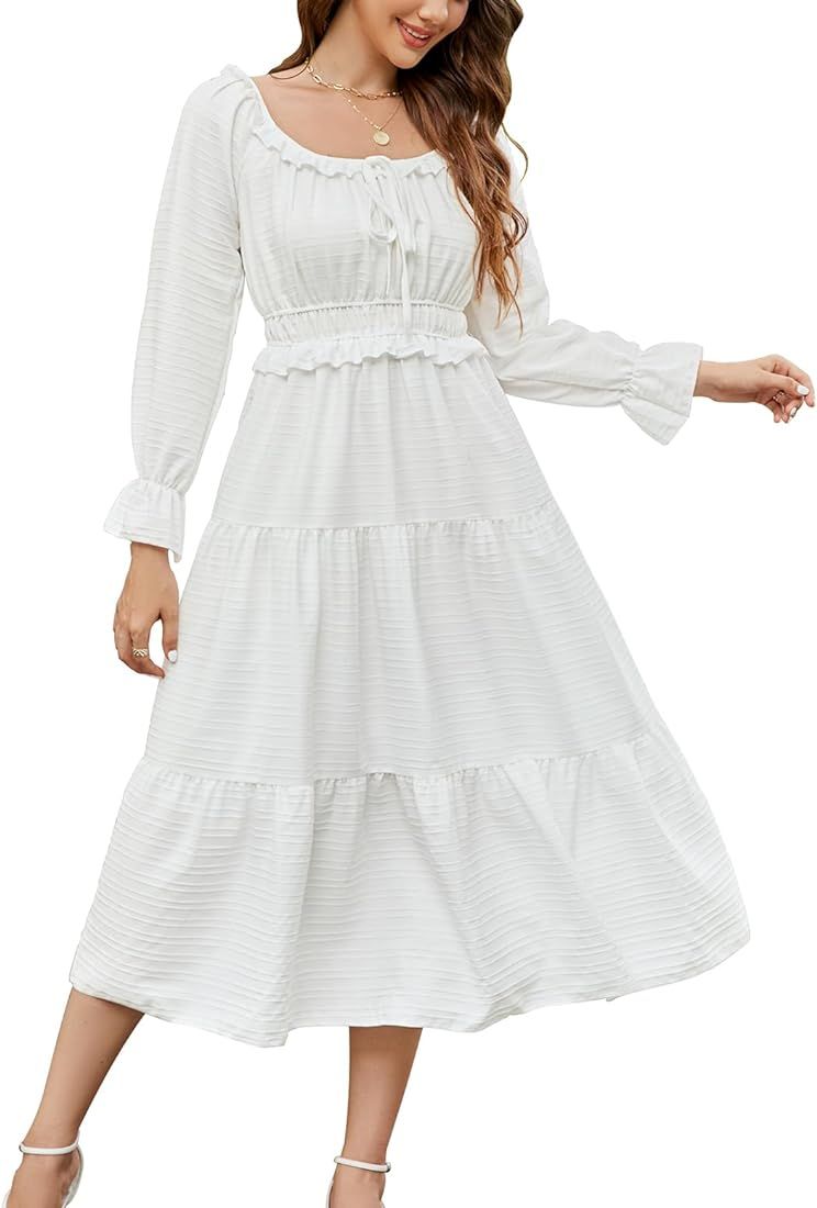 ANNA&CHRIS Women's Casual Long Puff Sleeve Flowy Dress Square Neck High Waist Ruffle Hem Tiered M... | Amazon (US)