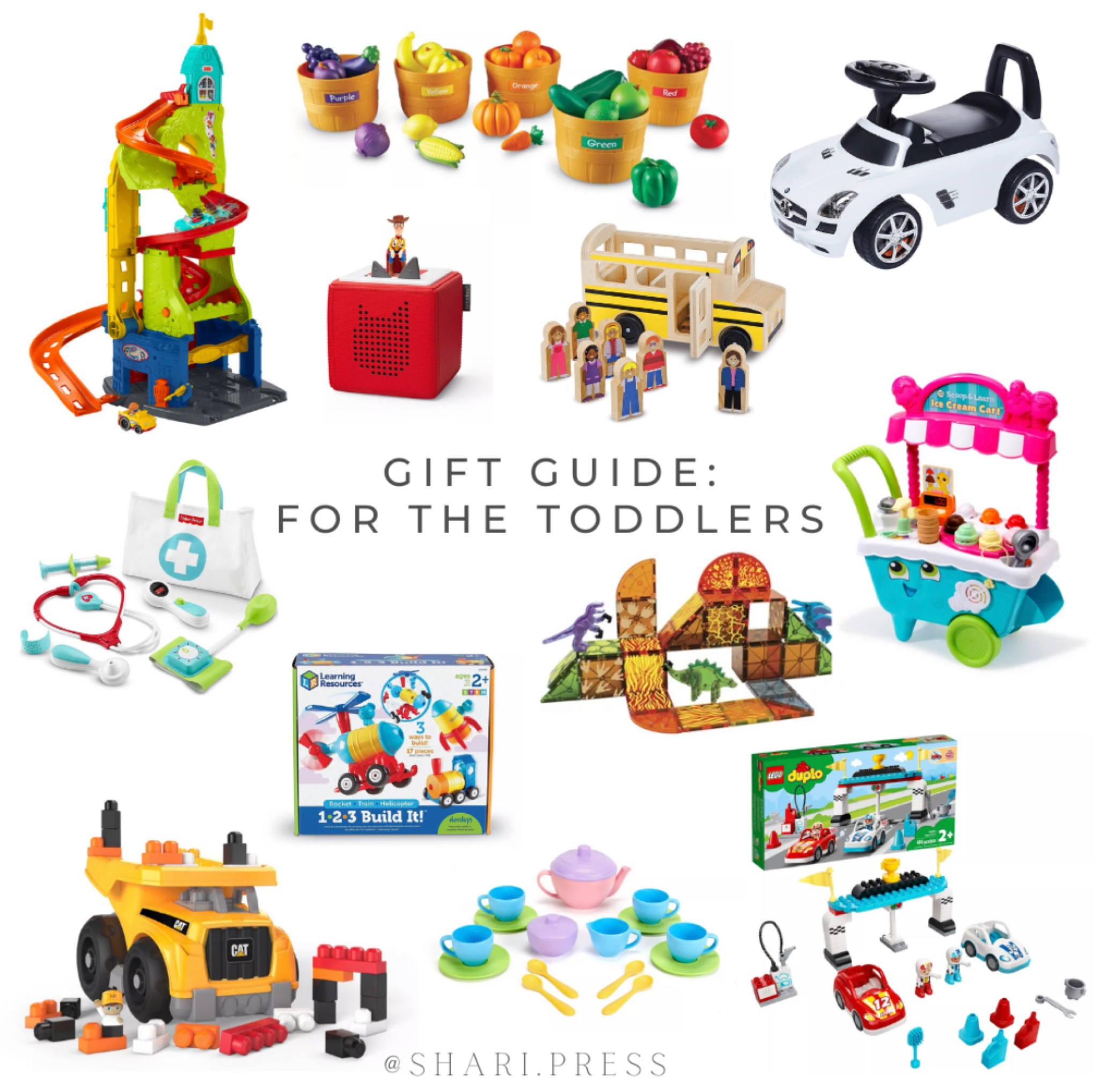 Gift guide for toddlers. Car ramp toy, play food for practicing sorting and colors, tonie box for music and stories, wooden school bus, ride on car, doctor play kit, building toys, dinosaur magnetic tiles, an ice cream cart, building blocks, plastic tea set, and duplo legos.

#LTKunder100 #LTKHoliday #LTKkids