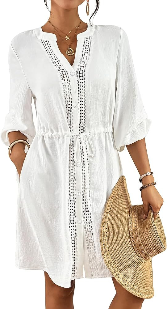 Bsubseach Swimsuit Coverup for Women V Neck Bathing Suit Cover Up with Pocket Drawstring Button D... | Amazon (US)