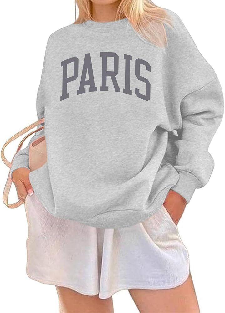 Paris France College Sweatshirt for Women Oversized Letter Graphic Preppy Shirts Crewneck Long Sl... | Amazon (US)