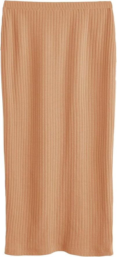SheIn Women's Basic Plain Stretchy Ribbed Knit Split Full Length Skirt | Amazon (US)