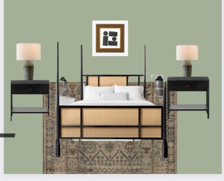 Primary bedroom plans! Four poster bed, black nightstands and vintage rug  

Linked a similar bed that’s not a four poster as well  

#LTKhome