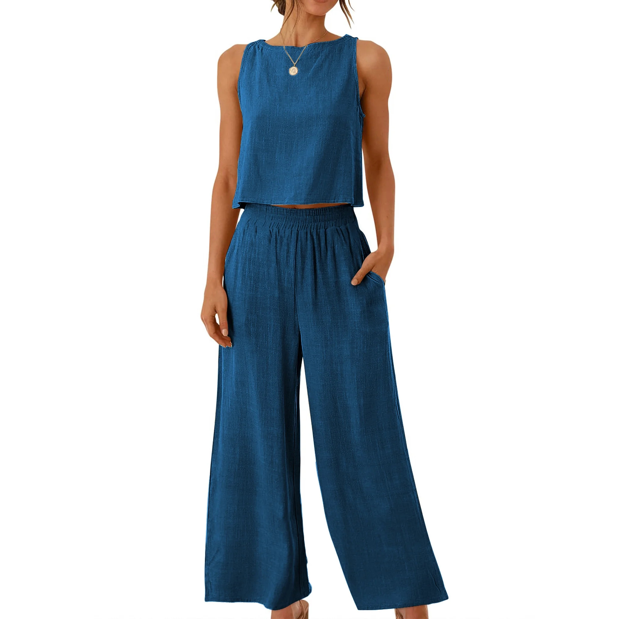 MOSHU Two Piece Lounge Sets for Women Loose Fit Tank Tops and Wide Leg Pants with Pockets Solid S... | Walmart (US)