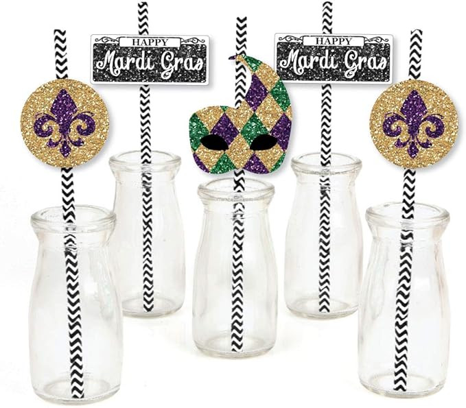 Mardi Gras Paper Straw Decor - Masquerade Party Striped Decorative Straws - Set of 24 | Amazon (US)