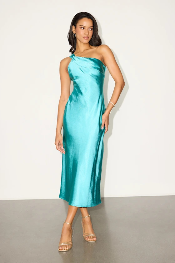 Naima Turquoise Satin One-Shoulder Midi Dress | women spring dress women | Lulus