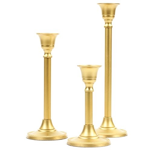 Koyal Wholesale Vintage Brass Metal Candlestick Set, Gold, Taper Candle Holder Set of 3, Tall Candle | Amazon (US)