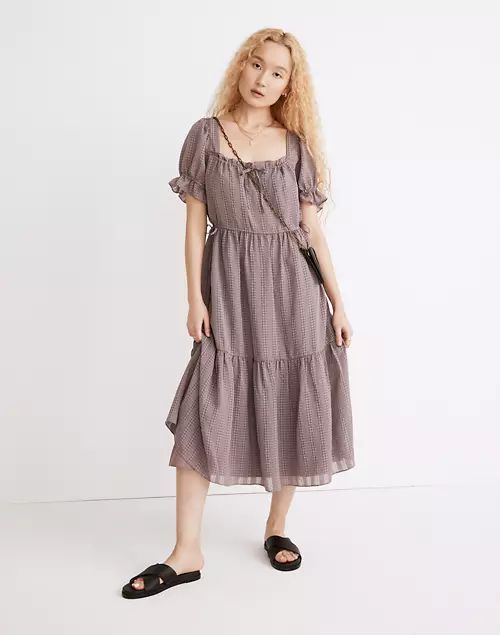 Square-Neck Tiered Midi Dress in Textured Seersucker | Madewell