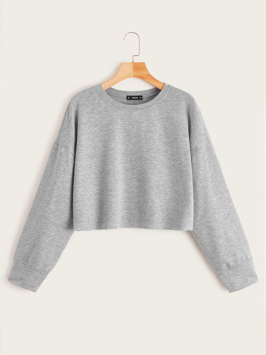 SHEIN Drop Shoulder Raw Hem Crop Pullover | SHEIN