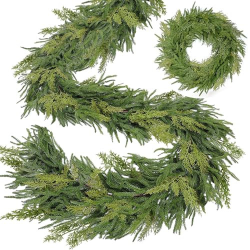 Extra Thick&Lush - 6Ft by 12 Inch Christmas Garland Norfolk Pine Garland, Real Touch Cedar Garland, Realistic Soft 120 Branch Tips Pine&Cedar Faux Greenery Cypress Garlands for Mantle Outdoor Indoor | Amazon (US)