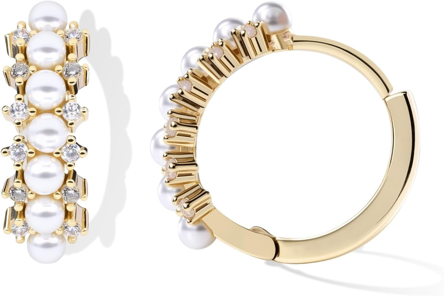 Dainty Gold Pearl Hoop Earrings - 14K Gold Plated, Hypoallergenic Ear Cuff for Women - Lightweight Cubic Zirconia, Small Huggie Earrings for Women | Amazon (US)