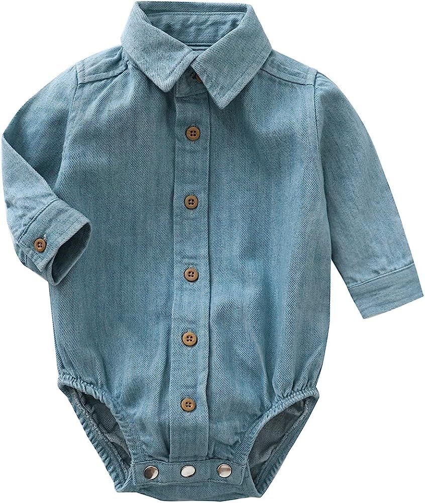 MOMOLAND Baby Boys Woven Denim Button Up Long Sleeve Bodysuit Romper Shirt | Amazon (US)