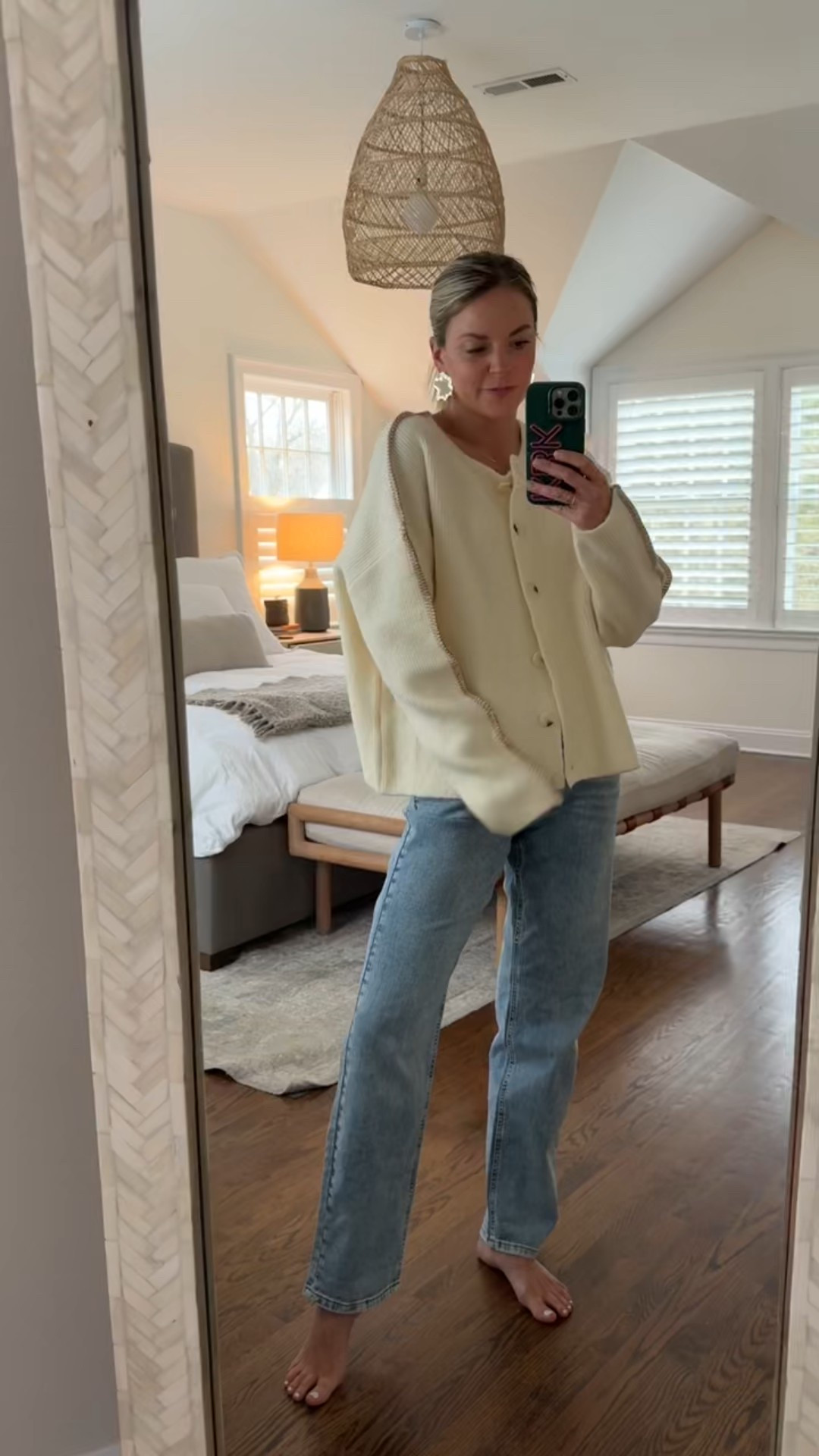 Love the stitch detailing on this cardigan! And If you’re looking for a good mid-rise jean option, these have been my go-to. 
-small cardigan, tts. Size down 1 for a less oversized look
-26R jeans, tts, im 5’5 