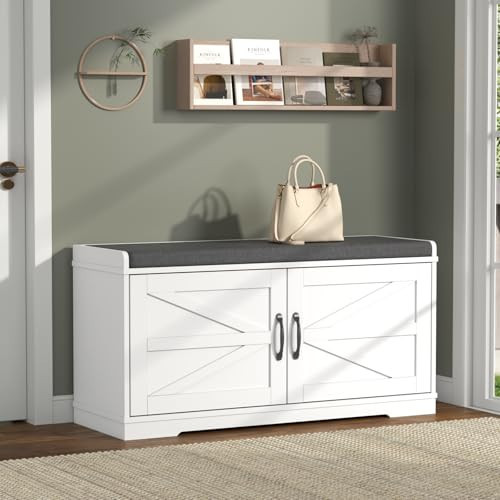 Loomie Shoe Storage Bench, 2-Tier Farmhouse Entryway Bench with Padded Seat Cushion, 13.78" D x 39.37" W x 19.69" H, Slim Shoe Cabinet Bench for Entryway, Living Room, Bedroom (White) | Amazon (US)