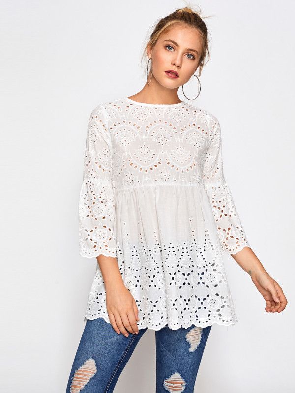 Eyelet Embroidered Scallop Trim Smock Blouse | SHEIN