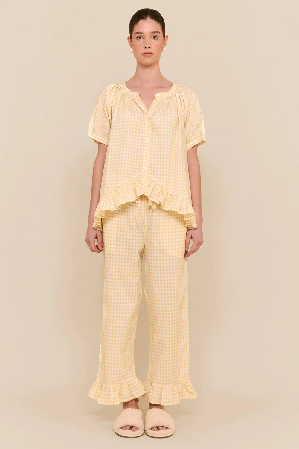 Sophie Sleep Set - Pants - Cotton - Gingham Yellow | Piyama US