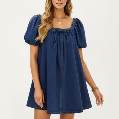 Anna-Kaci Women's Puff Sleeve Denim Babydoll Dress with Square Neckline Adjustable Front Tie Detail and Soft A-Line Silhouette - Small, Navy | Target
