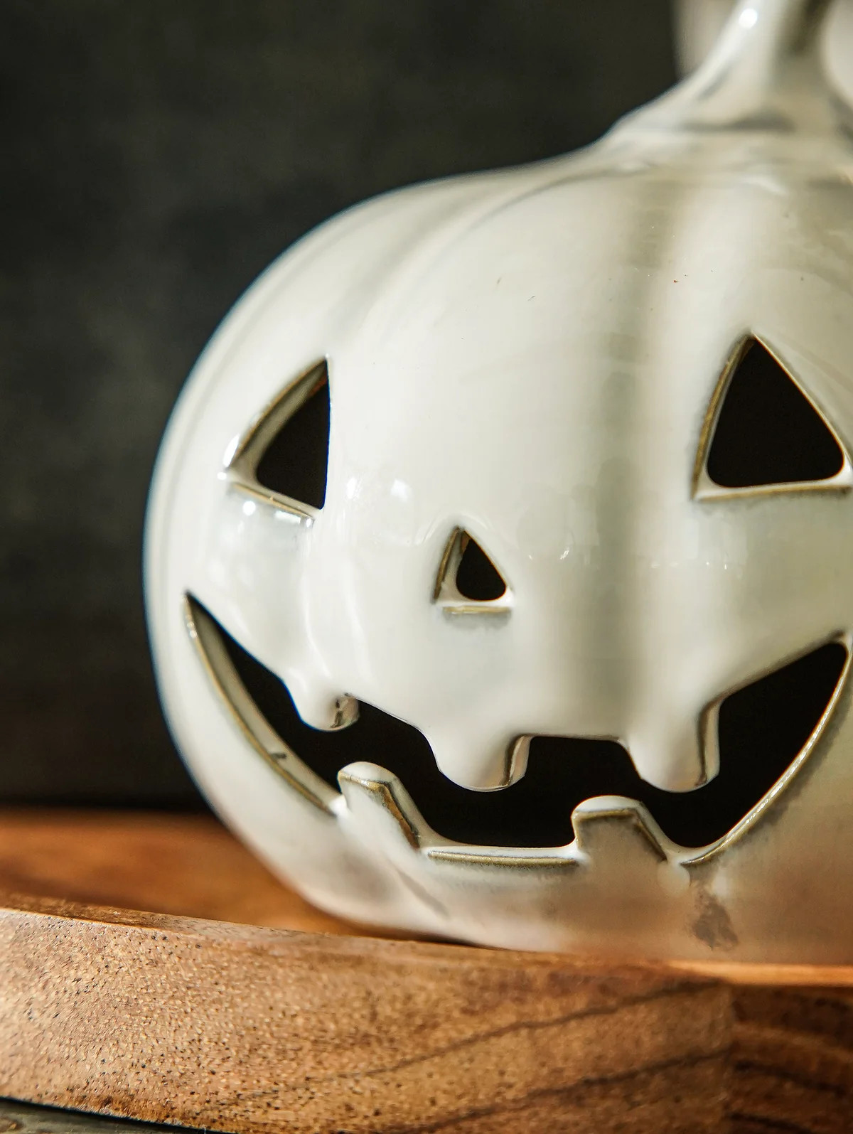 White Ceramic Pumpkin Jack-O\u2019-Lantern | Wide | MJHome