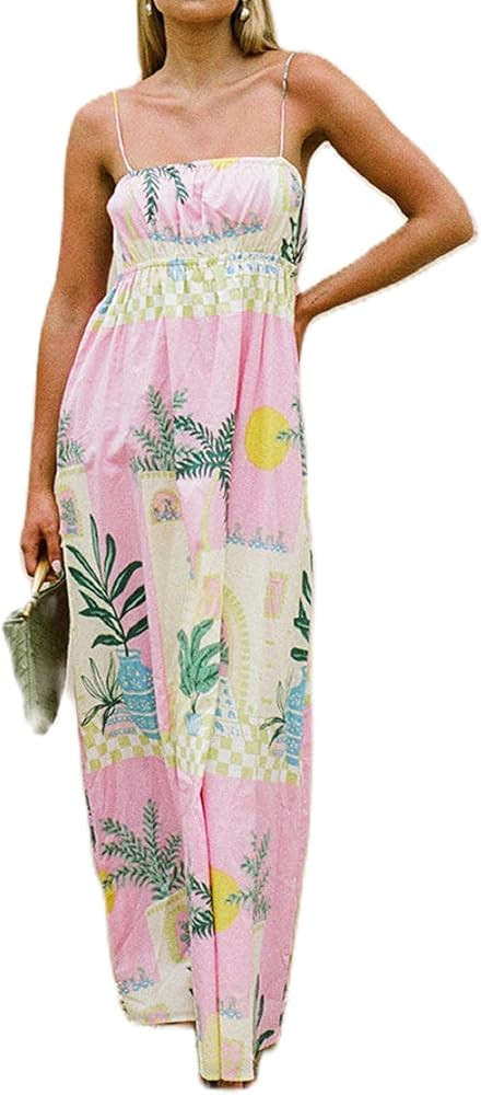 Women Floral Boho Maxi Dress Graphic Spaghetti Strap Long Dress Tiered Flowy Cami Dress Backless ... | Amazon (US)