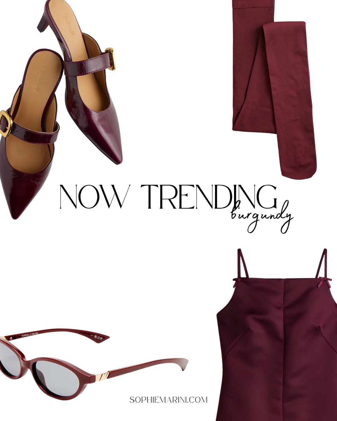 Now trending: burgundy 
[Doen Wool Puff-Sleeve Cardigan, pointed toe leather mule, satin stripy dress, Mini Beaded Satin Shoulder Bag, Oval Sunglasses, Control-top opaque tights]  

 #LTKSeasonal