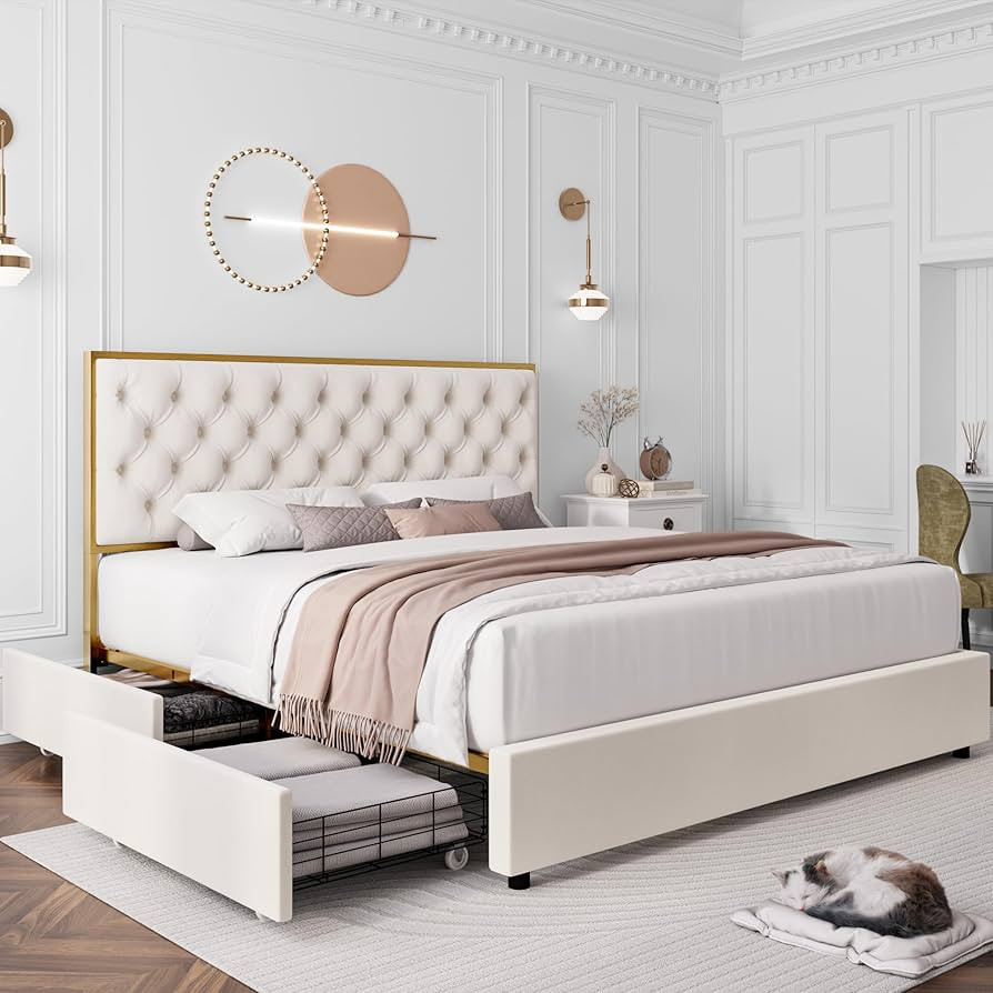 HIFIT Queen Upholstered Bed Frame with 4 Storage Drawer and Handmade Button Tufted Headboard, Mod... | Amazon (US)