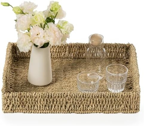 Wicker Scalloped Serving Tray with Handles - Seagrass Handwoven Trays,Water Hyacinth Tray for Hom... | Amazon (US)