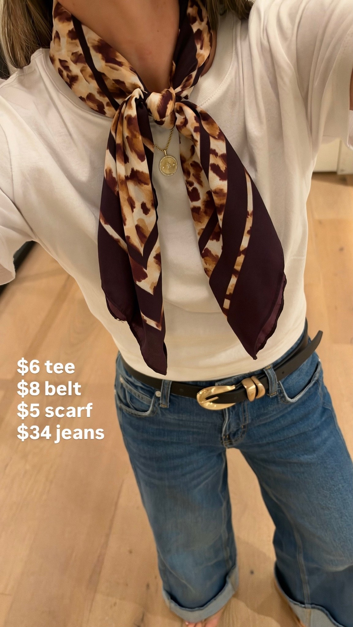 Cuff cropped jeans size 0 
Organic cotton T-shirt size S
Leopard d bandana scarf
Black & gold belt

#WalmartPartner @Walmart