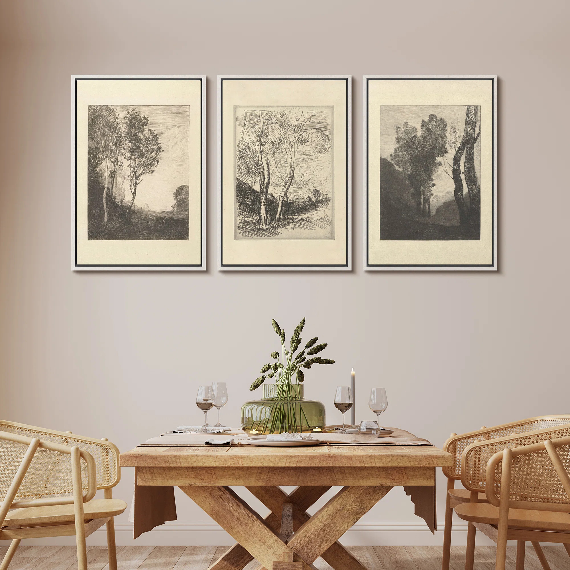 Duotone Vintage Trees Forest Sketch Rustic Landscape Framed Canvas 3 Pieces Painting Print Wall A... | Wayfair North America