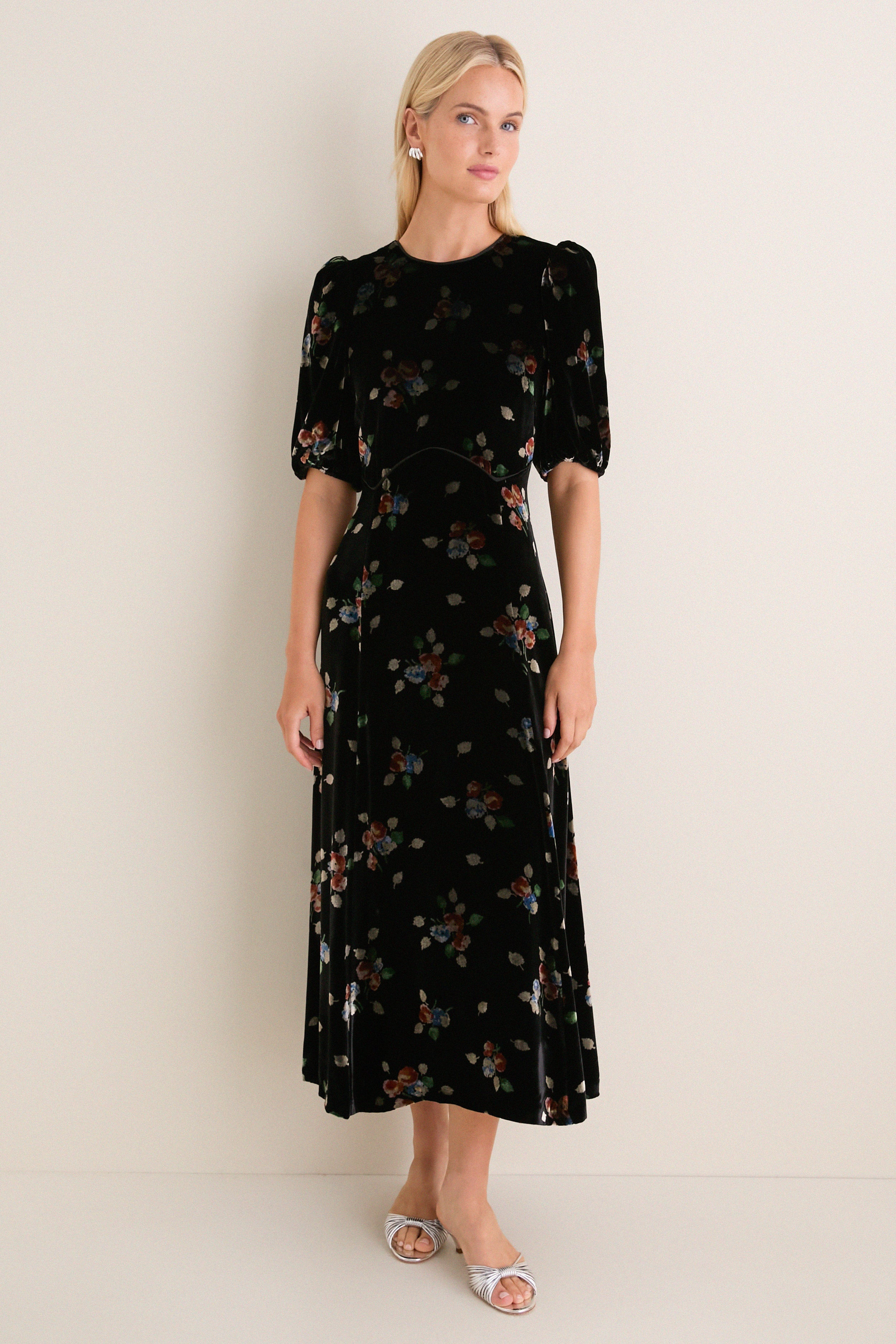 Black Leda Velvet Puff Sleeve Midi Dress | Tuckernuck (US)
