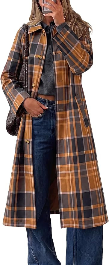 Cicy Bell Womens Plaid Trench Coat Fall Lapel Single Breasted Long Jacket | Amazon (US)