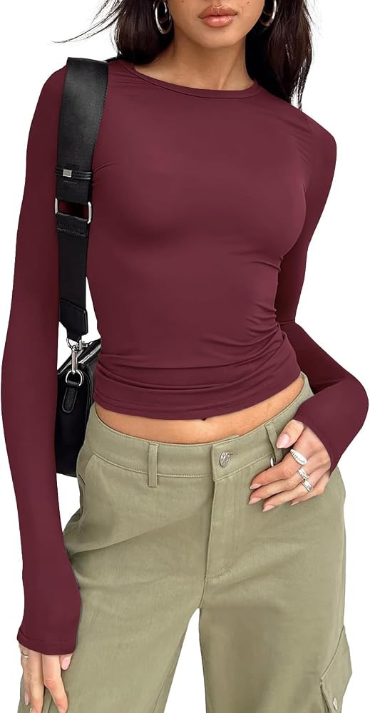 Trendy Queen Womens Long Sleeve Shirts Basic Crop Tops Tight Slim Fit Cute Teen Girls Fall Winter... | Amazon (US)