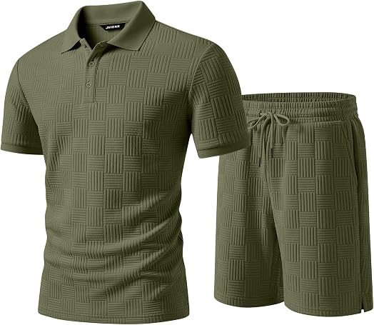 JMIERR Mens Sweatsuits Sets Summer Tracksuits 2 Piece Outfits Textured Short Sleeve Golf Polo Dra... | Amazon (US)