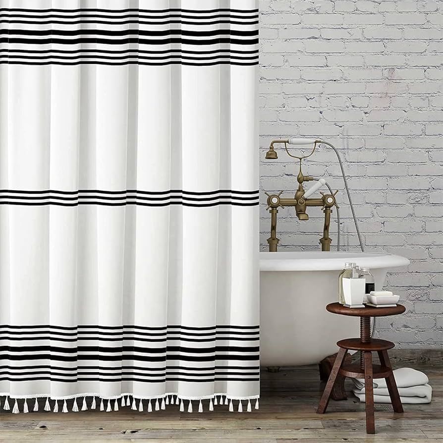 Seasonwood Black and White Shower Curtain with Tassels,Farmhouse Fabric for Bathroom,Heavy Weight... | Amazon (US)