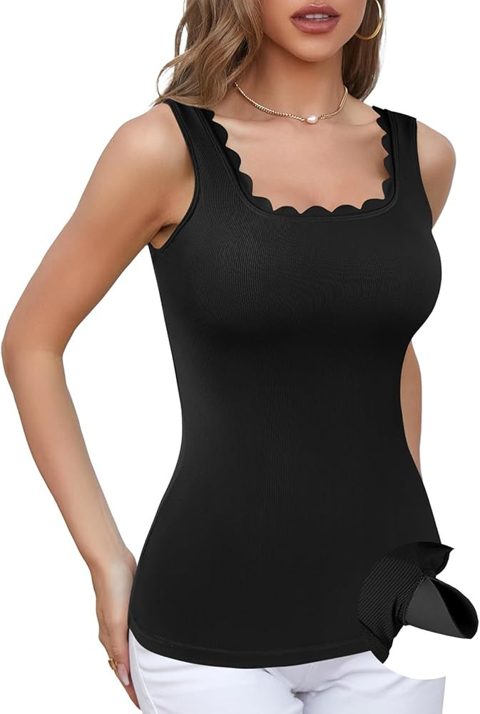 V FOR CITY Women Square Neck Tank Tops with Built in Bras Scallop Trim Fitted Camisole Ribbed Sum... | Amazon (US)