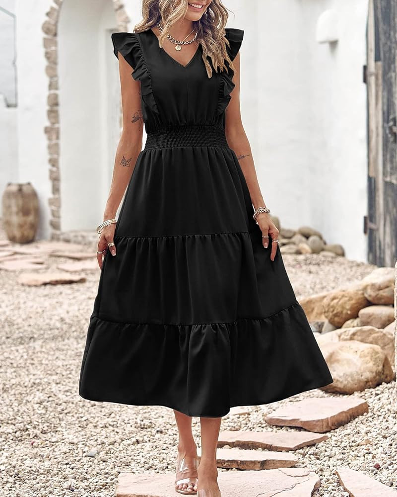 BTFBM Women's Ruffle Trim Sleeveless V Neck Maxi Long Dress Elastic Waist Pleated Swing Aline Elegan | Amazon (US)