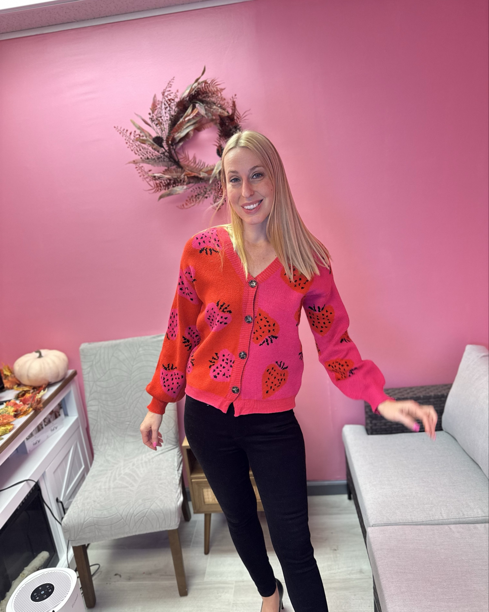 It’s the strawberries 🍓 for me 
💓i love this adorable cardigan 
💓 it does have stretch and is oversized and longer fitting 
💓 wearing size small, fits true to size and I am 5’10”

#LTKStyleTip #LTKTall #LTKFindsUnder50